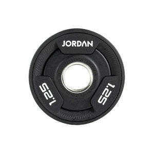 A black JORDAN Urethane Tri-Grip Weight Plate features three grip holes, JORDAN at the top, and 25 twice in white text, showing a 25kg weight. Part of the Jordan Urethane Tri-Grip Weight Plates collection.