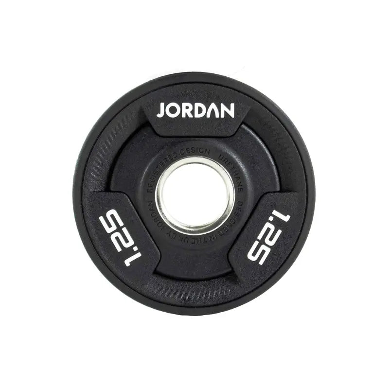 A black JORDAN Urethane Tri-Grip Weight Plate features three grip holes, JORDAN at the top, and 25 twice in white text, showing a 25kg weight. Part of the Jordan Urethane Tri-Grip Weight Plates collection.