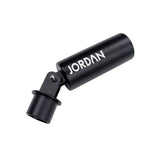 A gray cylindrical Olympic bar attachment with Jordan printed on it, the JORDAN Portable Landmine Trainer features an angled connector and clamp mechanism, resembling a car exhaust tip.