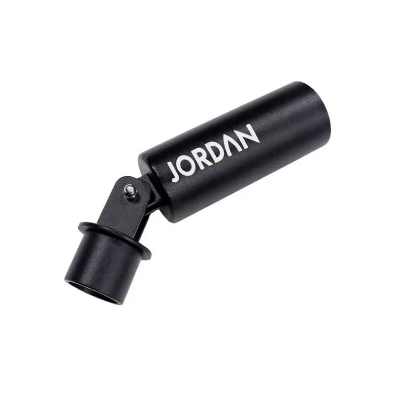 A gray cylindrical Olympic bar attachment with Jordan printed on it, the JORDAN Portable Landmine Trainer features an angled connector and clamp mechanism, resembling a car exhaust tip.