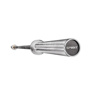 A silver Olympic barbell with a black end cap displaying the word "SPIRIT" in white letters, shown on a white background.