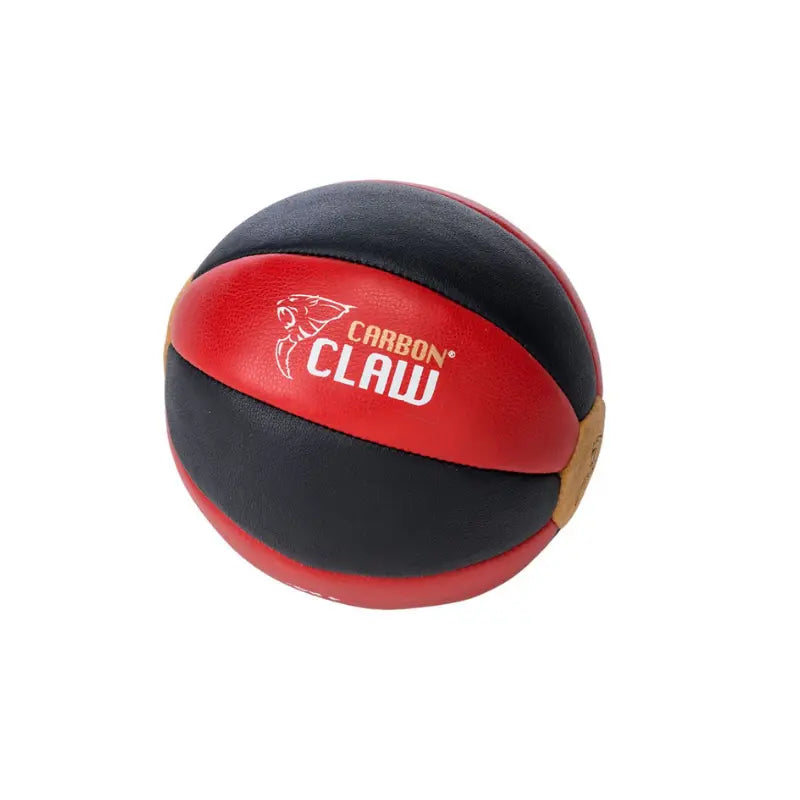 The Carbon Claw PRO X-ILD Leather Medicine Ball features black and red panels, a logo, and a stylized claw graphic—ideal for core strength training.