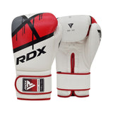 A pair of white RDX boxing gloves with red, black, and gray accents. One glove shows the palm side and the other shows the back with the RDX logo and a Velcro wrist strap.