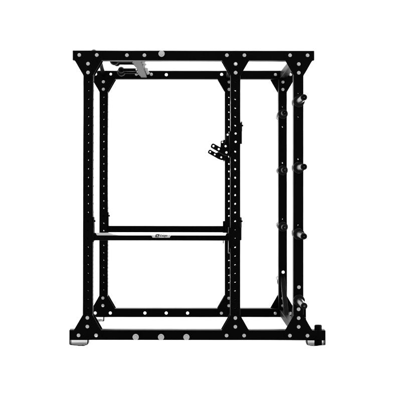 The Exigo E80 Elite Power Rack is a freestanding power rack with a black metal frame, pull-up bars, safety bars, and plate storage—ideal commercial gym equipment for weightlifting and strength training.