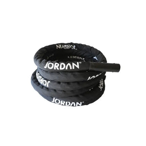 The JORDAN Battle Ropes – Heavy-Duty Functional Training Ropes (10m & 15m) by Jordan feature a coiled black design with JORDAN in white, a smooth protective cover, and a nozzle end—perfect for tough functional workouts.