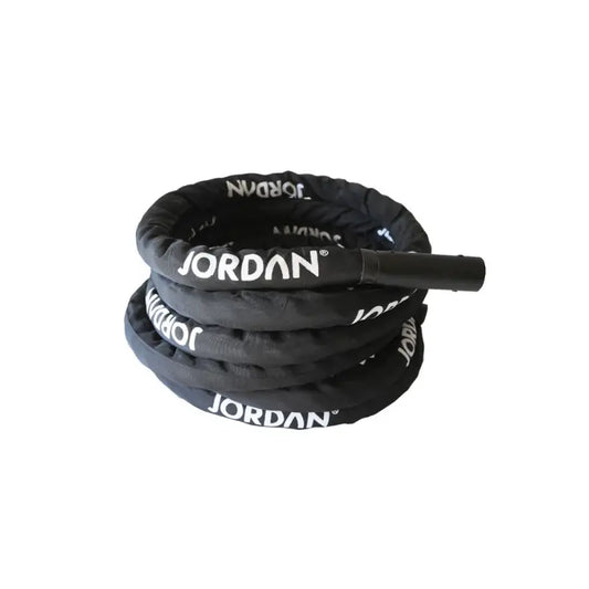 The JORDAN Battle Ropes – Heavy-Duty Functional Training Ropes (10m & 15m) by Jordan feature a coiled black design with JORDAN in white, a smooth protective cover, and a nozzle end—perfect for tough functional workouts.