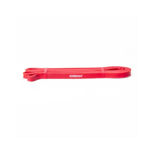 The JORDAN Power Band, a heavy-duty red resistance band with JORDAN in white text, is ideal for strength, speed, and mobility training. It’s shown laid flat on a white background.