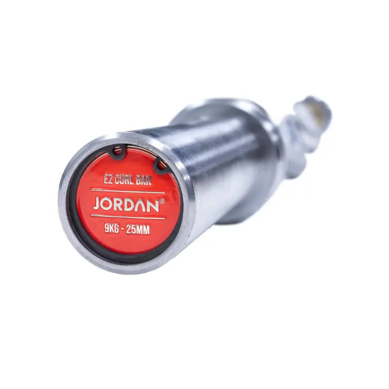 The JORDAN EZ Curl Bar – Olympic Bicep & Tricep Barbell by Jordan, featuring angled bends and rotating sleeves, is shown on a white background.