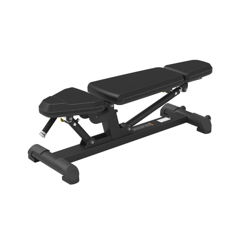 Black adjustable weight bench on a white background