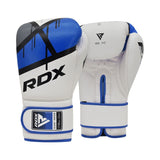 A pair of white and blue RDX boxing gloves with black and gray accents, shown from the front and back. The gloves feature a velcro wrist strap and prominent RDX branding.