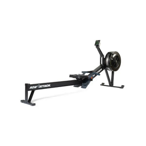 The Attack Fitness Indoor Rowing Machine offers low-impact, full-body cardio with a Bluetooth console and digital display—ideal for home workouts. Shown in black with footrests and flywheel against a white background.