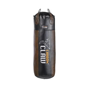 The Carbon Claw RECOIL RB Heavy Bag (4ft x 18", 55kg) features black and brown leather with the Carbon Claw logo and claw image on the front—ideal boxing gym equipment, suspended by chains against a white background.