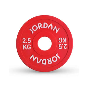 The Jordan Urethane Fractional Change Plate Set features colour-coded Olympic weight plates (0.5kg–2.5kg), including a red 2.5kg plate—ideal for micro-loading and easy weight identification on your barbell. Displayed on a white background.