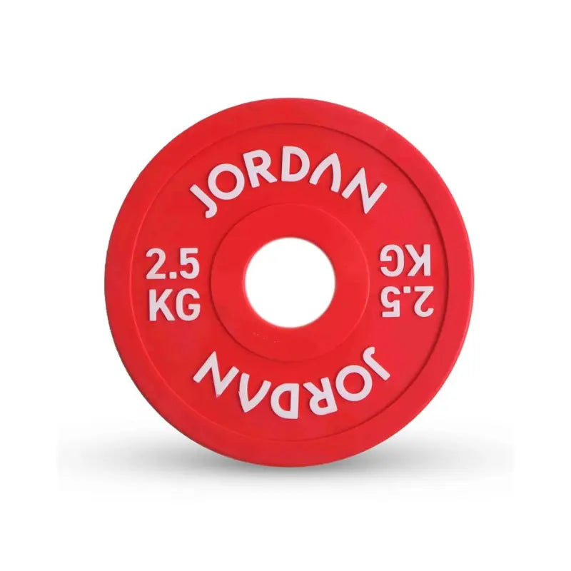 The Jordan Urethane Fractional Change Plate Set features colour-coded Olympic weight plates (0.5kg–2.5kg), including a red 2.5kg plate—ideal for micro-loading and easy weight identification on your barbell. Displayed on a white background.