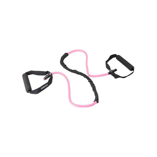 The JORDAN Resistance Tubes by Jordan, colour-coded for resistance levels, feature black foam handles and are designed for strength training and full-body workouts, shown here in pink against a white background.