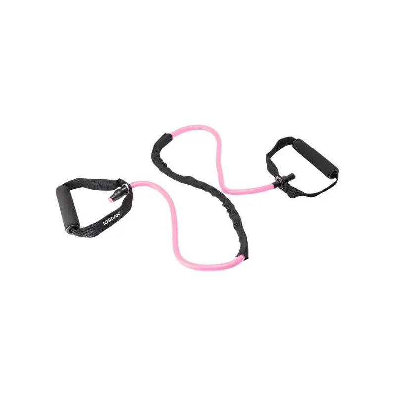 The JORDAN Resistance Tubes by Jordan, colour-coded for resistance levels, feature black foam handles and are designed for strength training and full-body workouts, shown here in pink against a white background.