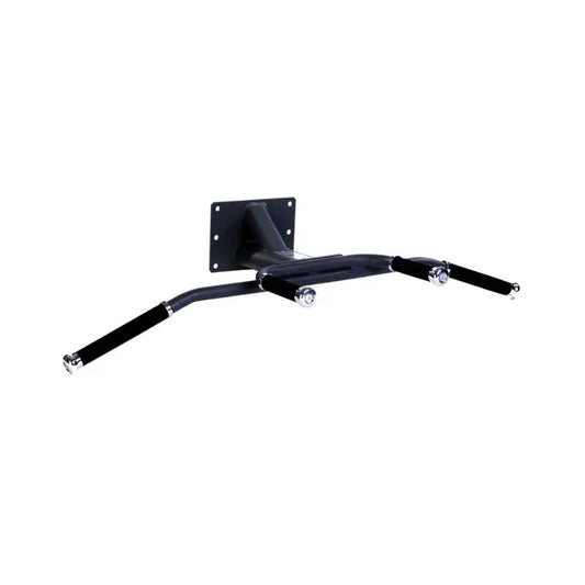The JORDAN Premium Chin-Up Bar by Jordan is a wall-mounted, black pull-up bar with multiple grip positions and padded handles, ideal for upper body workouts at home or in the gym. Secure metal construction with mounting plate ensures stability.