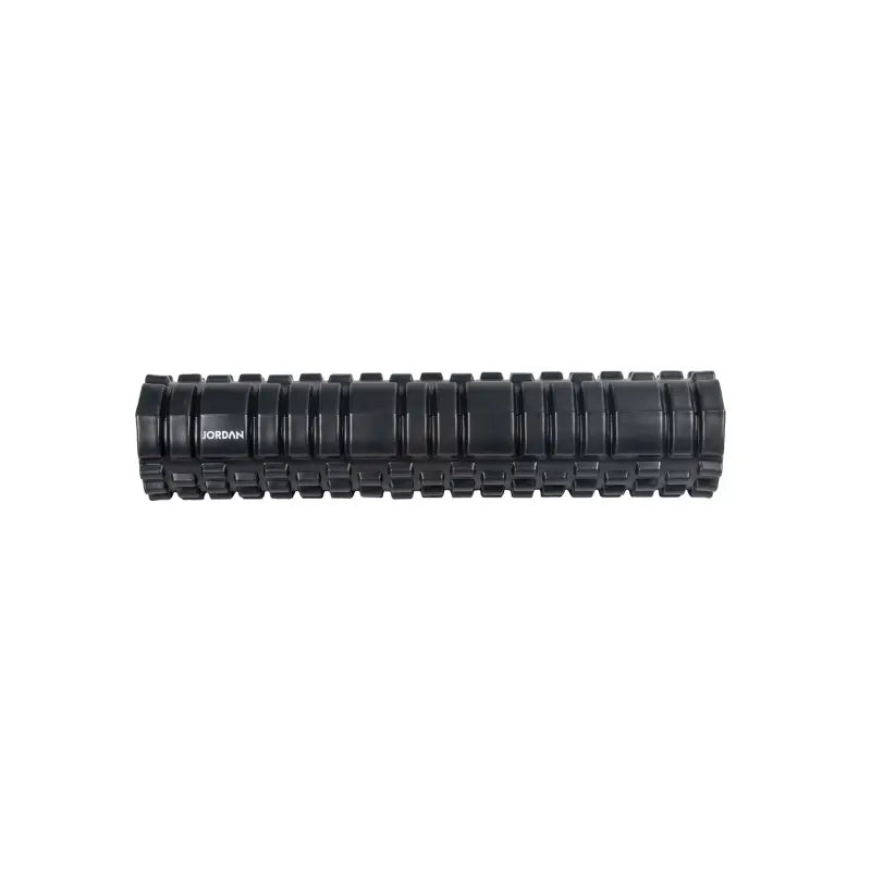 The Jordan Medium-Density Massage Roller – Everyday Foam Roller features a textured black, grid-like surface with Jordan printed in white, perfect for daily recovery and muscle relief. Pictured horizontally on a white background.