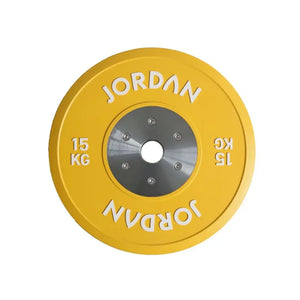 A green 10kg JORDAN Olympic Competition Calibrated Weight Plate (IWF Standard) features Jordan in white twice on the edge and a metal center ring.