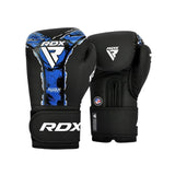 A pair of black boxing gloves with blue and white graphic accents, featuring the RDX logo and the model name AURA, shown against a plain white background.