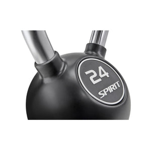Close-up of a kettlebell with '24 Spirit' branding on a white background