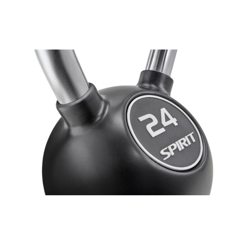 Close-up of a kettlebell with '24 Spirit' branding on a white background