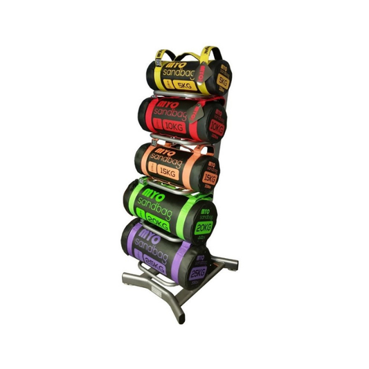 MYO Strength Sandbag Rack – 5-Tier Storage for Sandbags & Slam Balls (Silver)