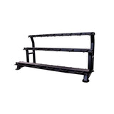 The Jordan 3-Tier Heavy-Duty Dumbbell Rack holds up to 10 pairs of dumbbells, features angled shelves for easy access, and is ideal for commercial gyms. Shown in black on a white background.