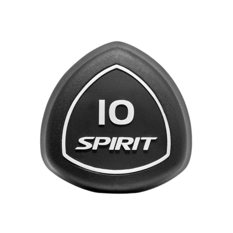 Front shot of a black dumbbell  with '10 Spirit' text on a white background