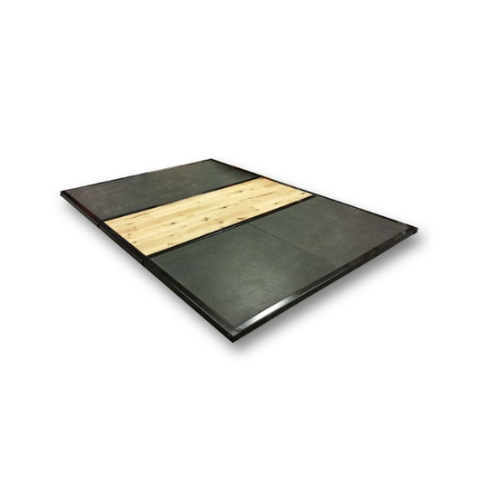 The MYO Strength Olympic Lifting Platform – With Oak Centre & Rubber Crumb Sides is shown from a low angle against a white background, highlighting its oak center and shock-absorbing rubber crumb sides.