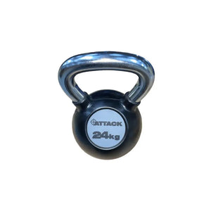The Attack Fitness Chrome Handle Rubber Kettlebell, shown here in black with a chrome handle and 24kg label, is set against a plain white background.
