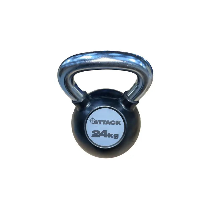 The Attack Fitness Chrome Handle Rubber Kettlebell, shown here in black with a chrome handle and 24kg label, is set against a plain white background.