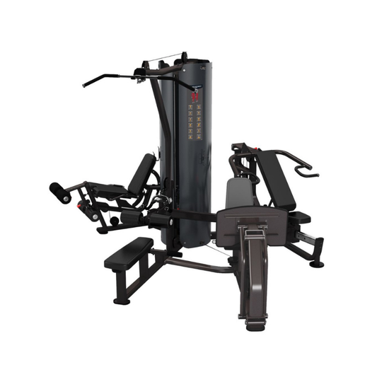 The MYO Strength 3 Stack Multi Gym by MYO Strength is a multi-user strength machine with optional leg press, lat pulldown bar, leg extension, chest press, benches, and a central weight stack—ideal for full-body workouts.