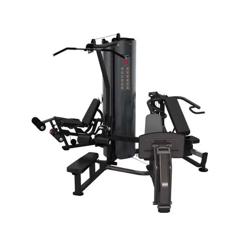 The MYO Strength 3 Stack Multi Gym by MYO Strength is a multi-user strength machine with optional leg press, lat pulldown bar, leg extension, chest press, benches, and a central weight stack—ideal for full-body workouts.