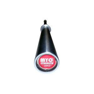 The MYO Strength 7ft Olympic Barbell – 20kg, competition standard and tested to 1500lb, features black and red branding on one end and is photographed on a white background.