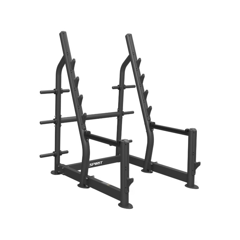 Black squat rack with multiple bars on a white background