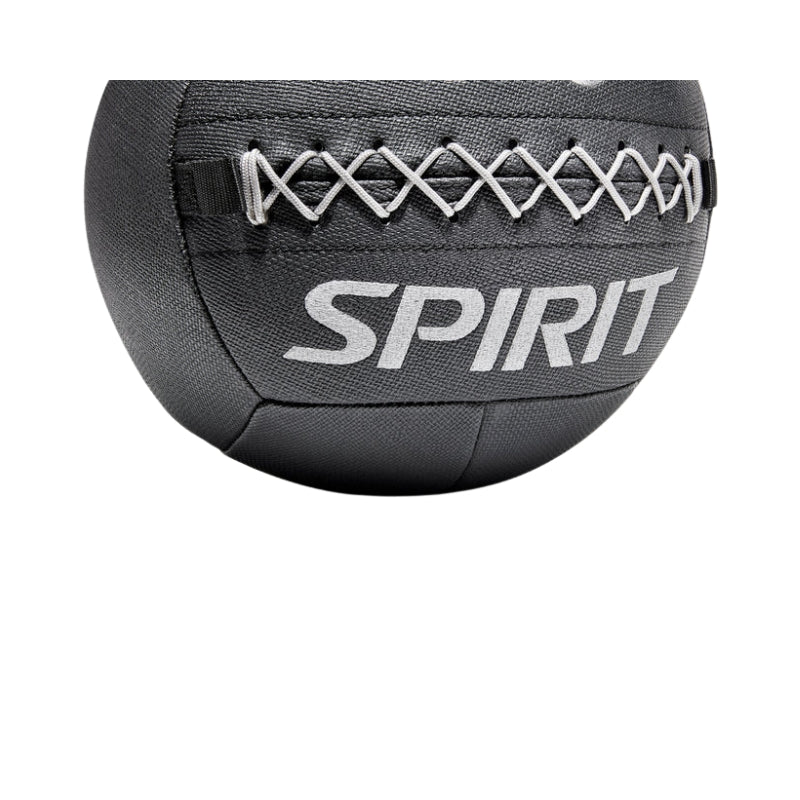 Black medicine ball with 'Spirit' branding on a white background
