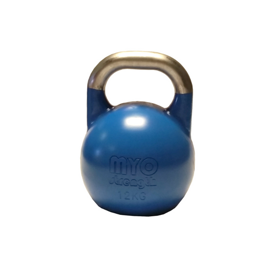A 4 KG MYO Strength Competition Kettlebell by MYO Strength, blue with a smooth silver handle, perfect for functional strength training, shown on a white background.