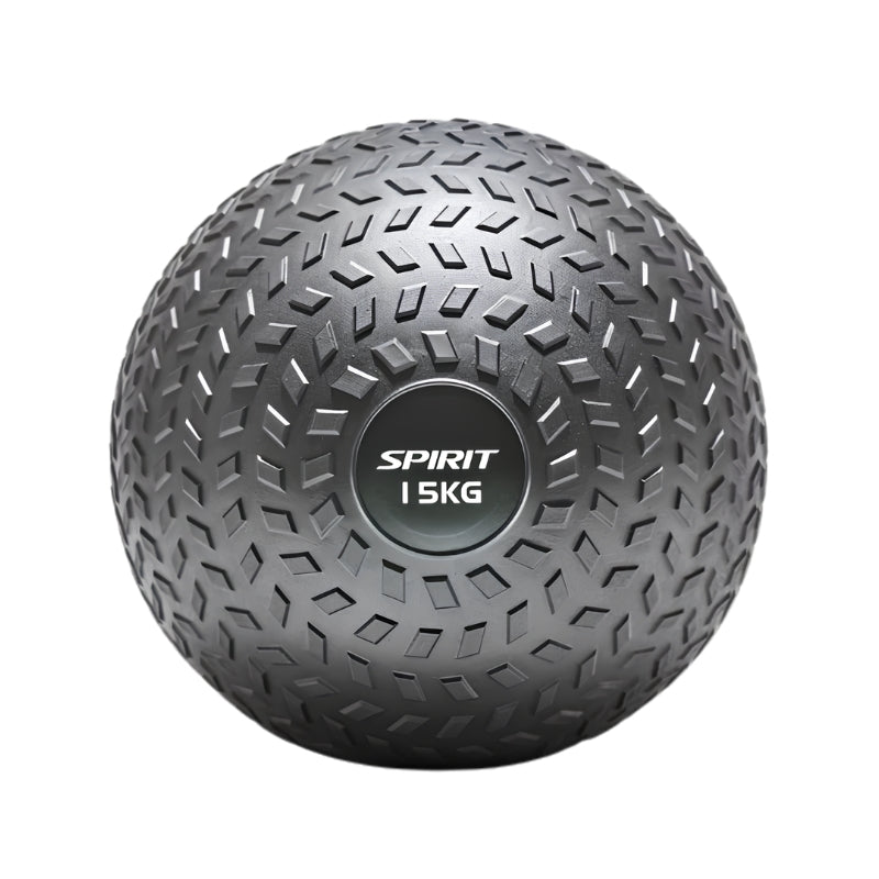 A black textured slam ball with a rugged, tire-like pattern. The center label reads "SPIRIT 15 KG" in white text, indicating the brand and weight. The ball is shown on a white background.