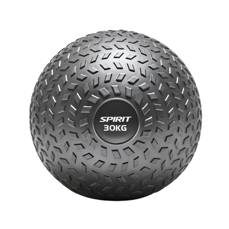 A textured black slam ball with "SPIRIT 30KG" labeled in white on the center, designed for strength training and fitness exercises.