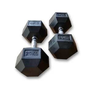 Two MYO Strength Hex Rubber Dumbbells with metal handles, each 20kg, are placed on a white background. Their anti-roll design and durable build offer stability and long-lasting performance. Set range: 2.5kg-25kg (10 pairs).