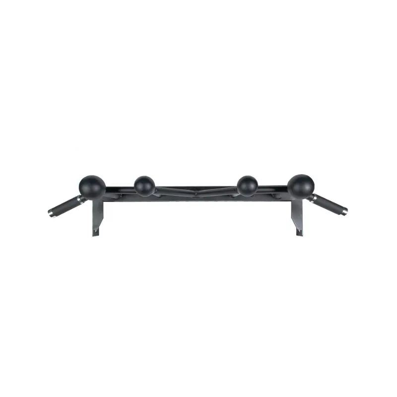 The Jordan J75 Multi Pull Up Bar is a wall-mounted, black metal multi-grip rack attachment for grip and back training, featuring three angled rods with spherical ends and a rectangular mounting plate for secure installation.