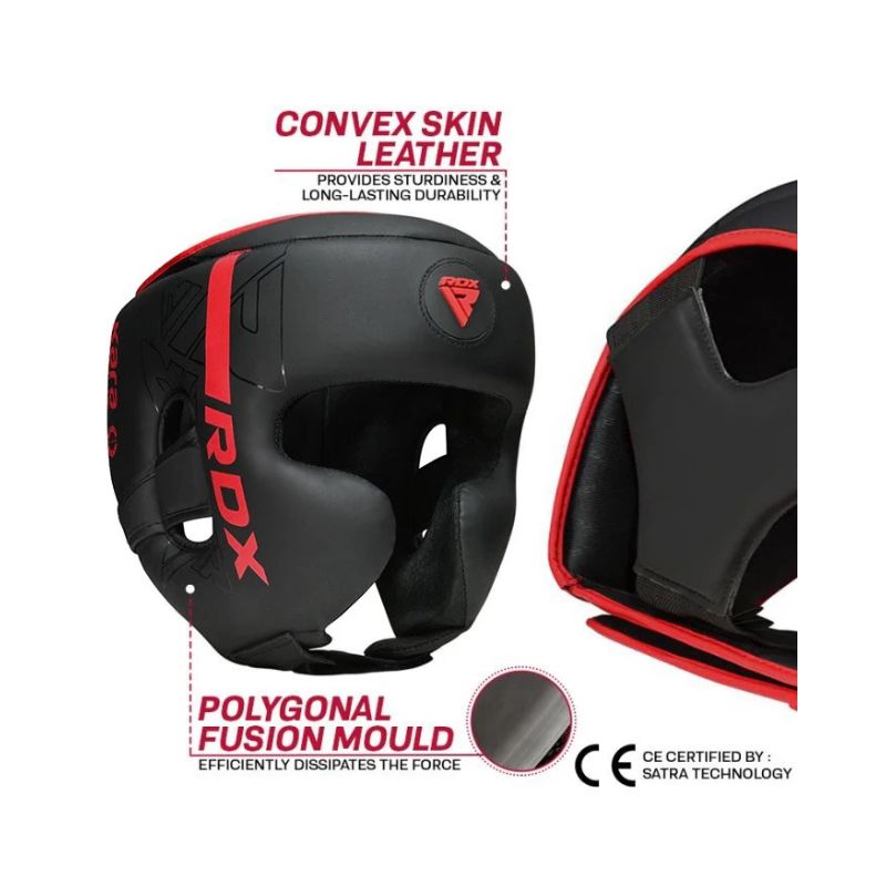 Black and red RDX boxing headgear shown on a white background with informational text highlighting convex skin leather, polygonal fusion mould, and CE certification.