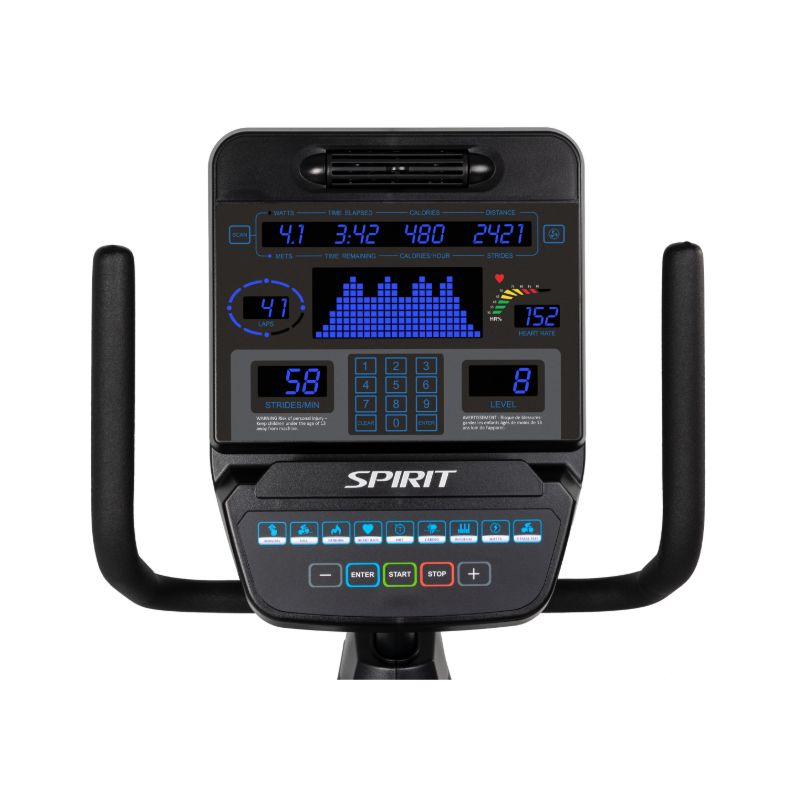 Digital display of a Spirit exercise bike on a white background