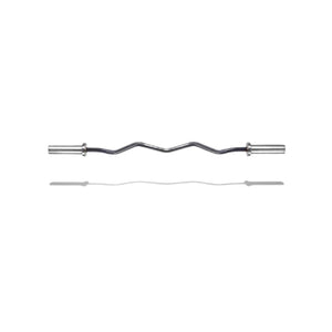 A chrome EZ curl bar with zigzag bends in the middle, designed for weightlifting and strength training, shown on a white background with a slight shadow underneath.