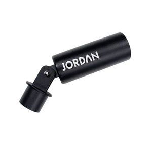 A gray cylindrical Olympic bar attachment with Jordan printed on it, the JORDAN Portable Landmine Trainer features an angled connector and clamp mechanism, resembling a car exhaust tip.