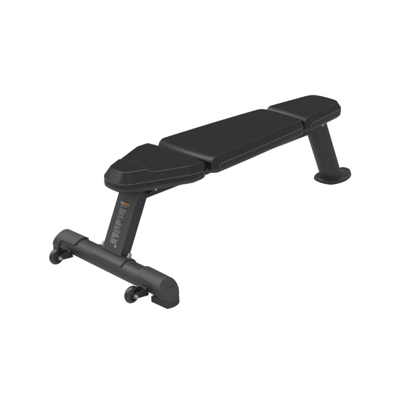 Black flat weight bench on a white background