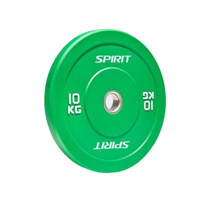 Green weight plate with 'Spirit' branding on a white background