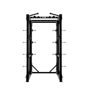 The Exigo E80 Elite Power Rack is a freestanding power rack with a black metal frame, pull-up bars, safety bars, and plate storage—ideal commercial gym equipment for weightlifting and strength training.
