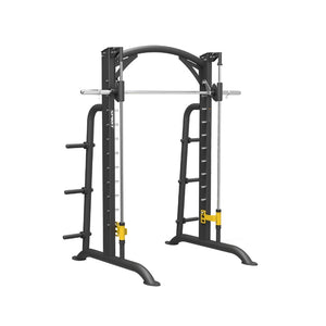 A black and silver Smith machine with a barbell fixed on vertical rails, safety catches, storage pegs for weight plates, and a sturdy rectangular frame designed for weightlifting exercises.